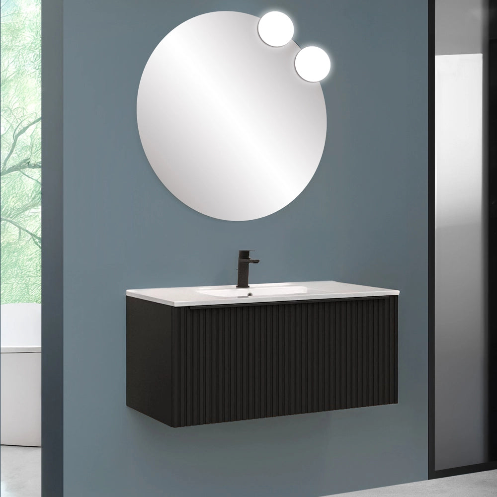 Mobile bagno sospeso 100 cm nero opaco cannettato con cassetto e lavabo Nara