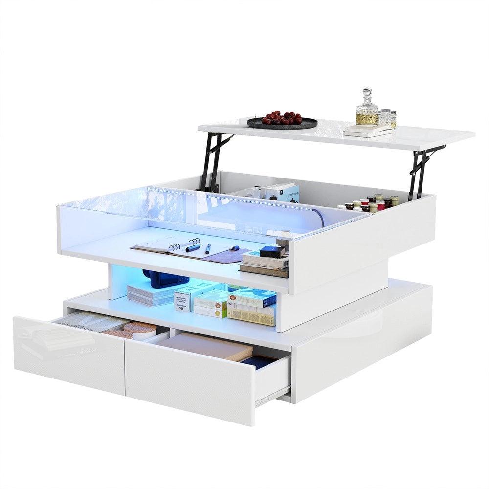 Tavolino da Caff¨¨ con LED e 2 Cassetti ¨C MINIMAL ¨C Vetro Temperato Bianco Lucido 80x80x45
