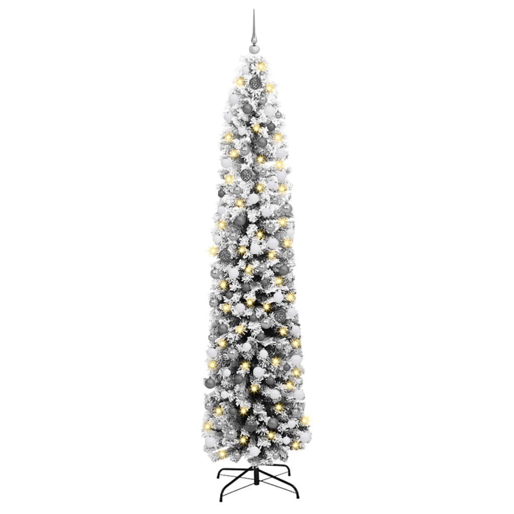 Albero di Natale sottile con 300 LED & Set di palline & Neve imbiancata Verde 240 cm