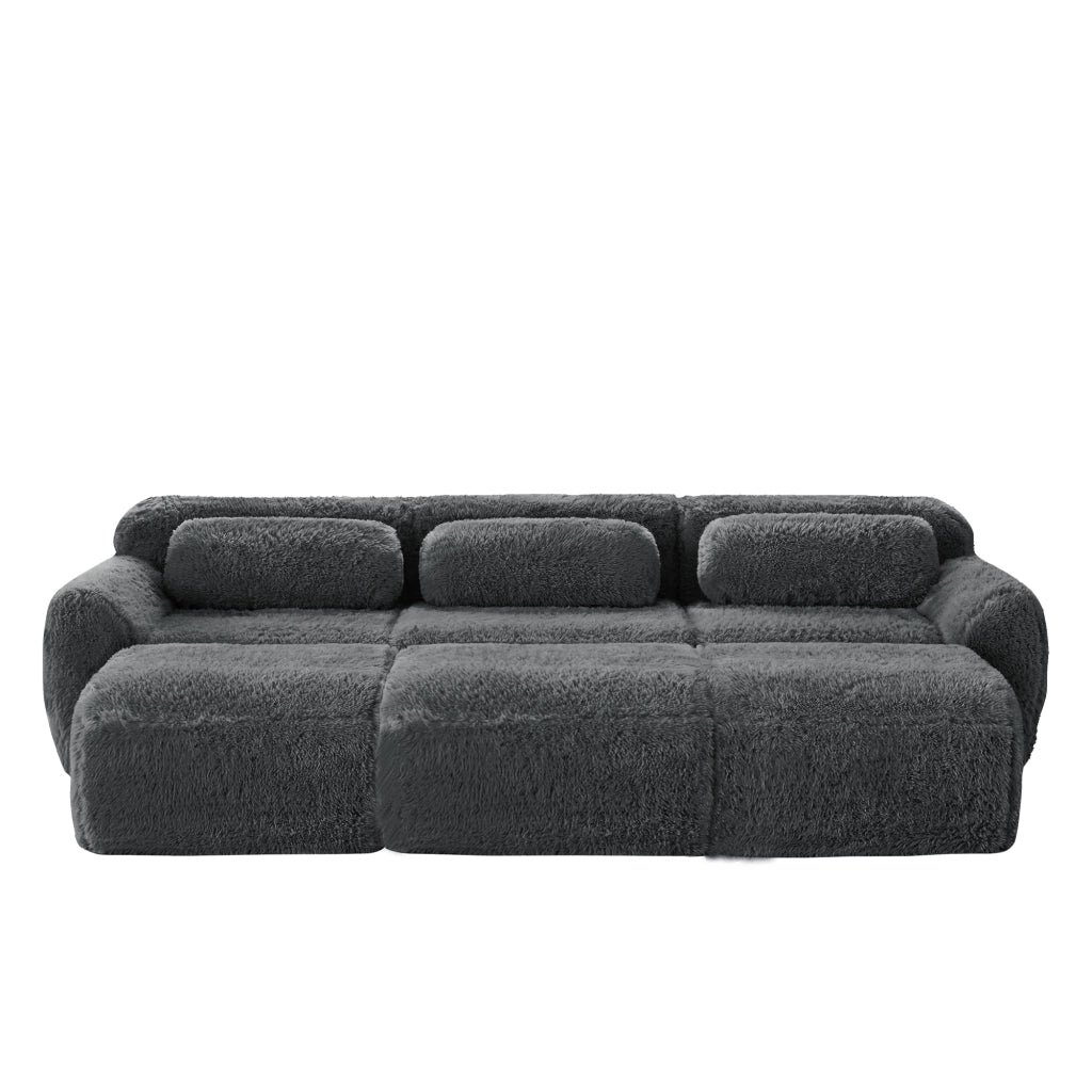 Divano Modulare 3 Posti con 3 Pouf; Divano senza Struttura per Soggiorno; in Tessuto Peluche Grigio