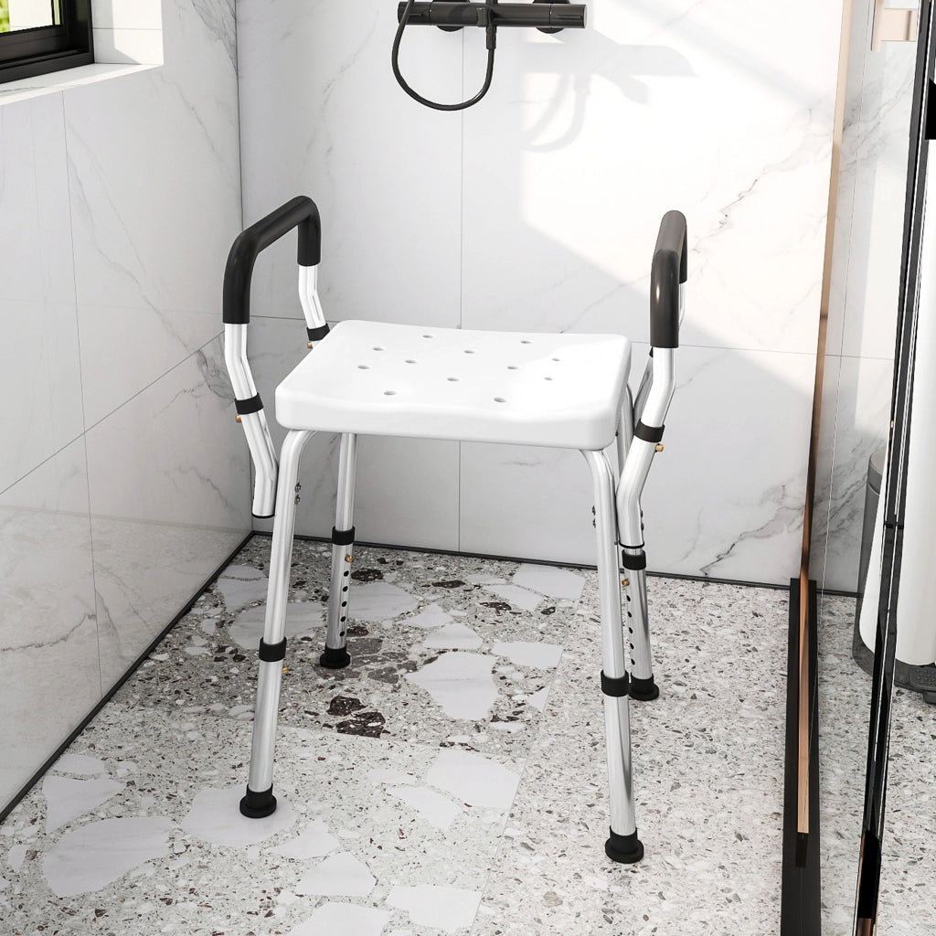 Sgabello da doccia per anziani e disabili con braccioli ¨C zephmum ¨C bianco, altezza regolabile, antiscivolo