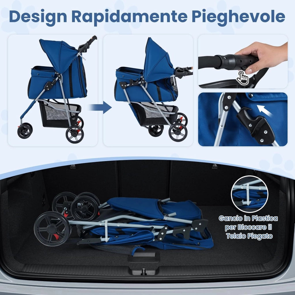 2 in 1 Passeggino per Cani, Carrozzina per Cani Pieghevole Facile con Portata Massima di 15 kg, 4 Ruote, Tetto Regolabile, Cuscino Rimovibile e Cestino Portaoggetti (Blu)