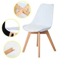 E-STYLO Sedia in polipropilene bianca con seduta imbottita e rivestita in similpelle, gambe in legno di faggio, 48.5cm X 52cm H. 82cm.