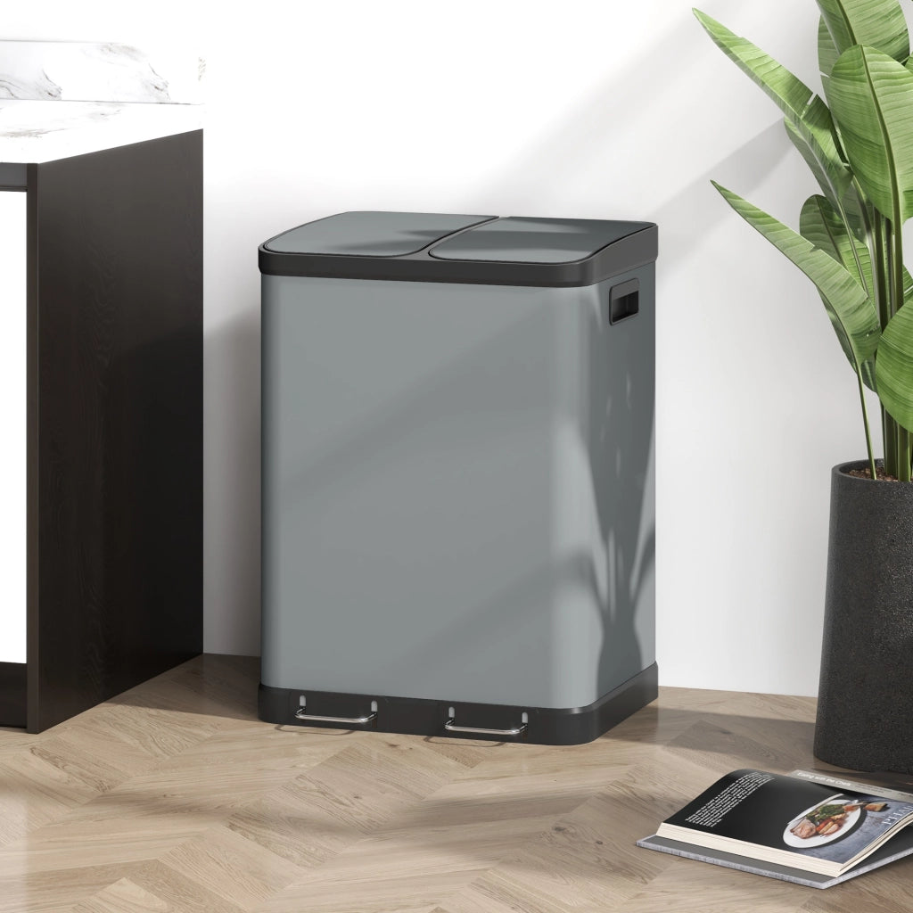 Bidone raccolta differenziata a pedale 2 x 30 L in metallo, grigio, con secchi interni estraibili e chiusura soft-close