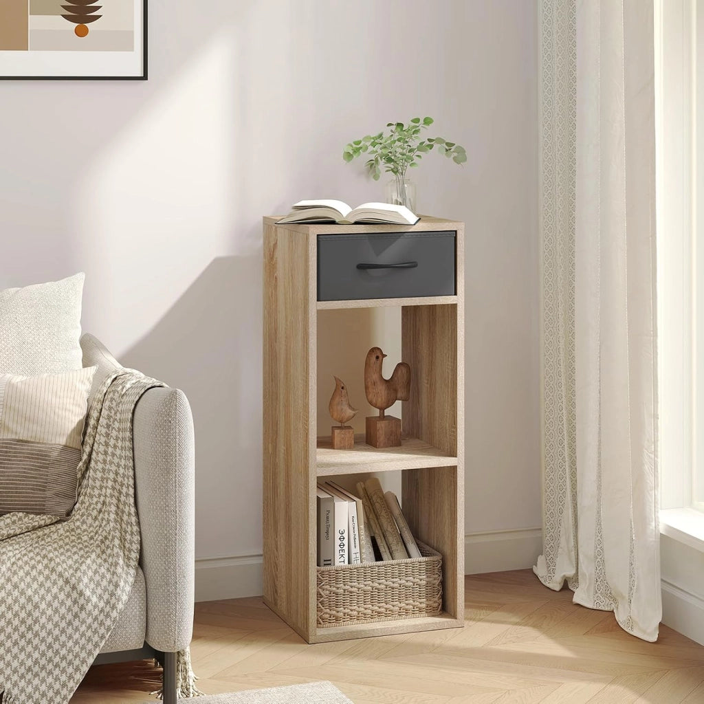 Libreria da Terra, Unità di Stoccaggio a Cubo a 3 Livelli con Cassetto, Unità di Scaffale in Piedi Scaffale a Cubo Aperto, per Studio, Camera da Letto e Soggiorno, Rovere chiaro, SK055hei