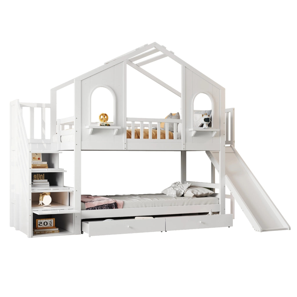 Letto a castello per bambini 90x200 cm con scivolo bianco