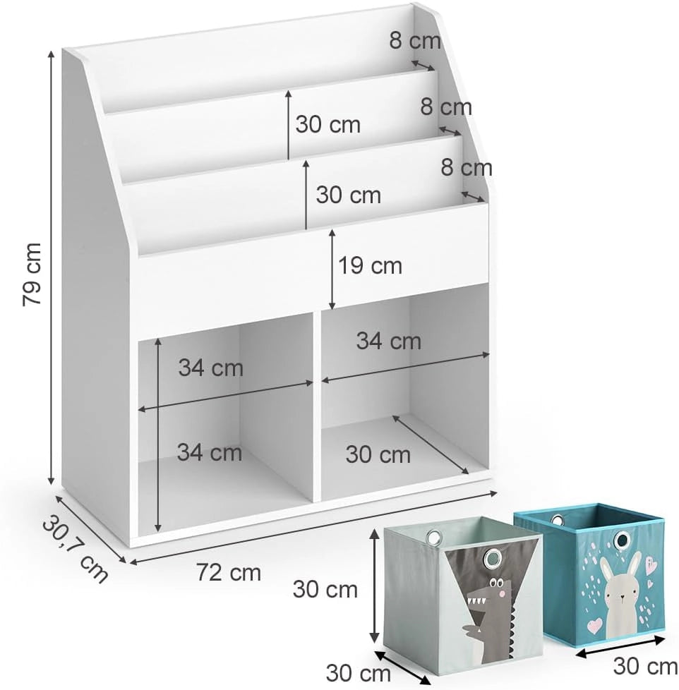 Libreria bambini Luigi, Bianco, 72 x 79 cm con 2 scatole pieghevoli opt.6, combinabile per riporre libri e giocattoli