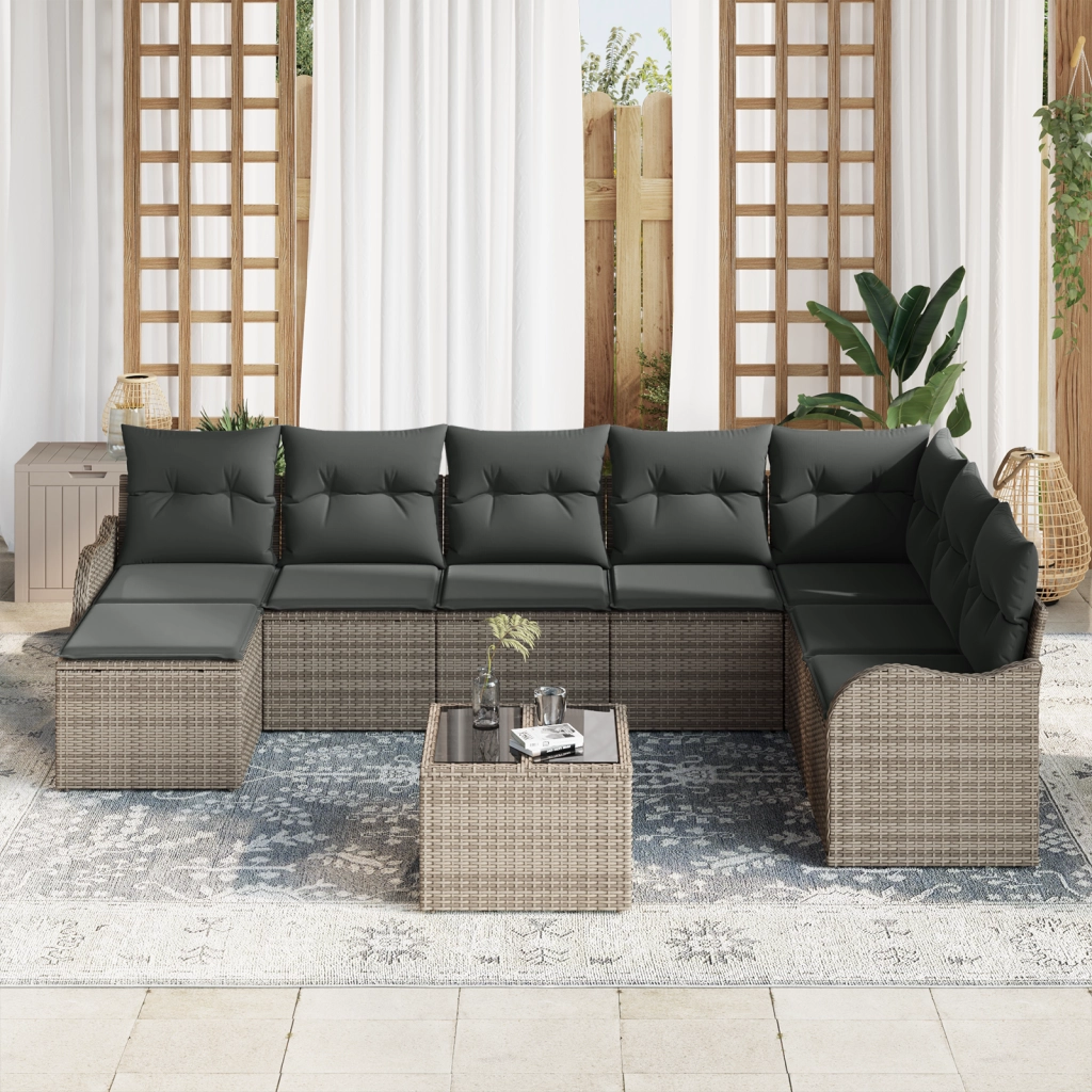Set divano da giardino 8 pezzi con cuscini neri in polyrattan
