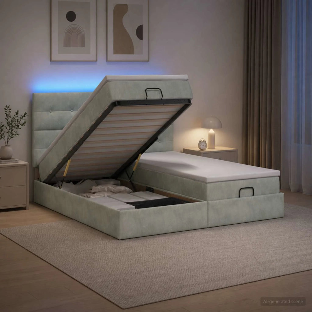 Letto Ottomano con Materasso e LED Grigio Chiaro 200 x 200 cm 3458502