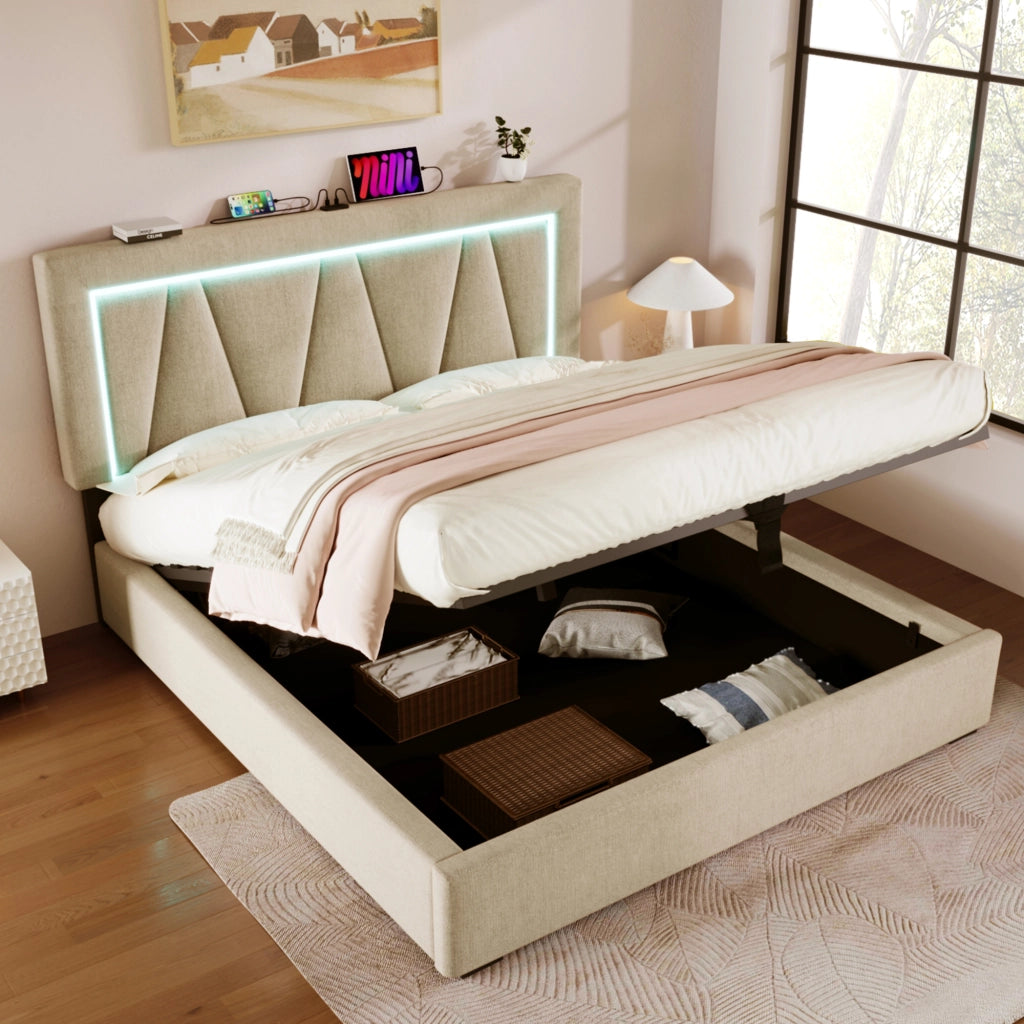 LETTO Contenitore 160x200 cm in lino beige con LED e USB Type C