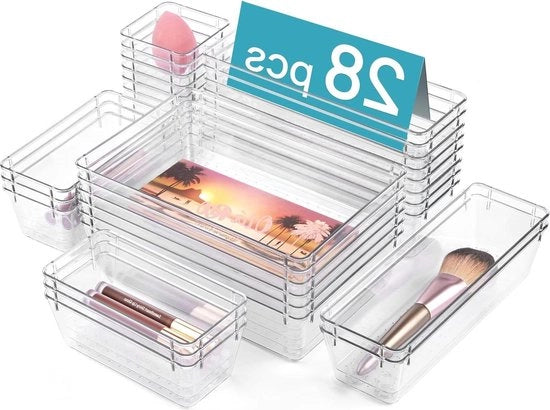 Set di organizzatore per cassetti in plastica trasparente a 28 pezzi - contenitori di archiviazione e contenitori per la classificazione