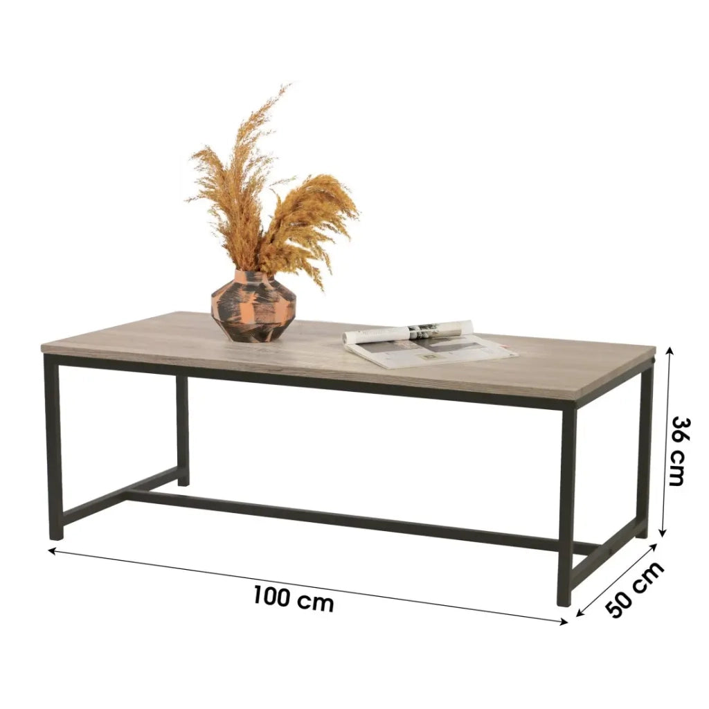 Tavolino stile industriale collezione RANONG - Color rovere chiaro con piede in metallo nero, dimensioni 100x50x36 cm