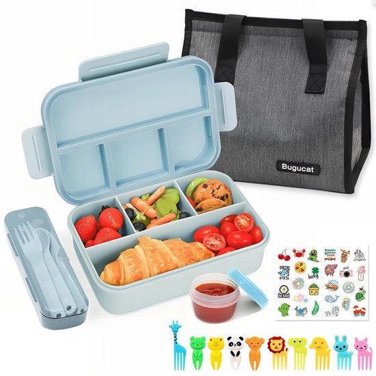 Lunchbox con scomparti 1300ML, imbevibile e impermeabile per bambini con sacchetto per il pranzo, bentobox con set di utensili e forchetta per adulti, box per colazione per ragazzi e ragazze, colore blu