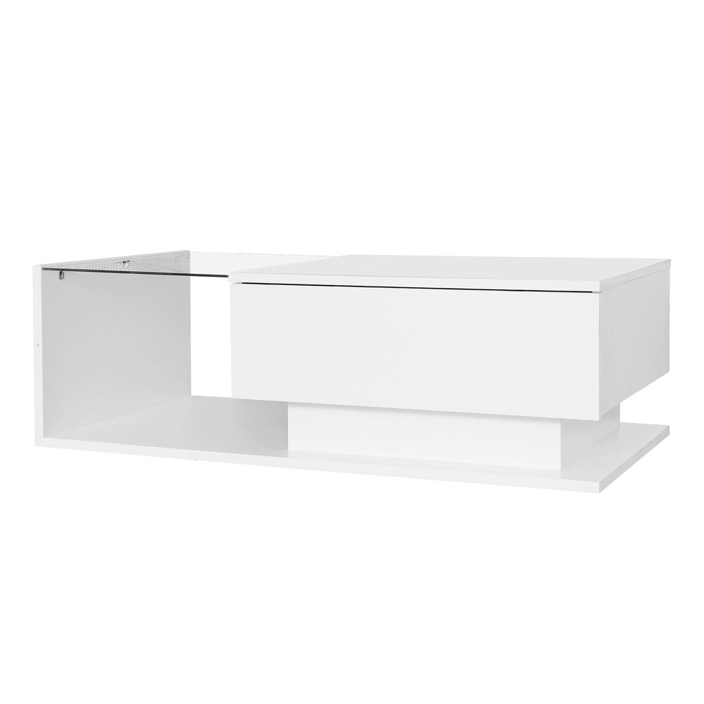 Tavolino da Caff¨¨ con LED e Cassetto ¨C Xylo ¨C Bianco Lucido, Vetro Temperato, 100x50x32