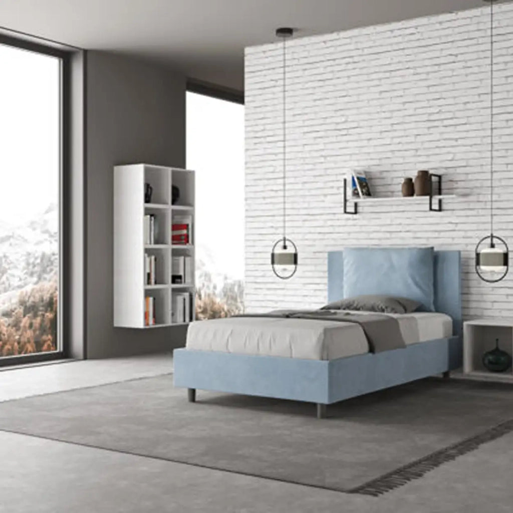 Letto una piazza e mezza con rete imbottito 120x210 microfibra azzurro Antea