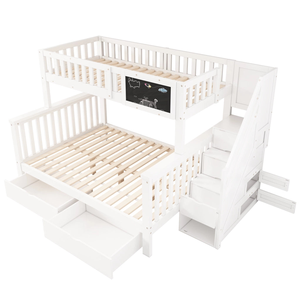 Letto a castello per bambini bianco 90x200 cm con lavagna, cassetti e spazi contenitore, senza materasso