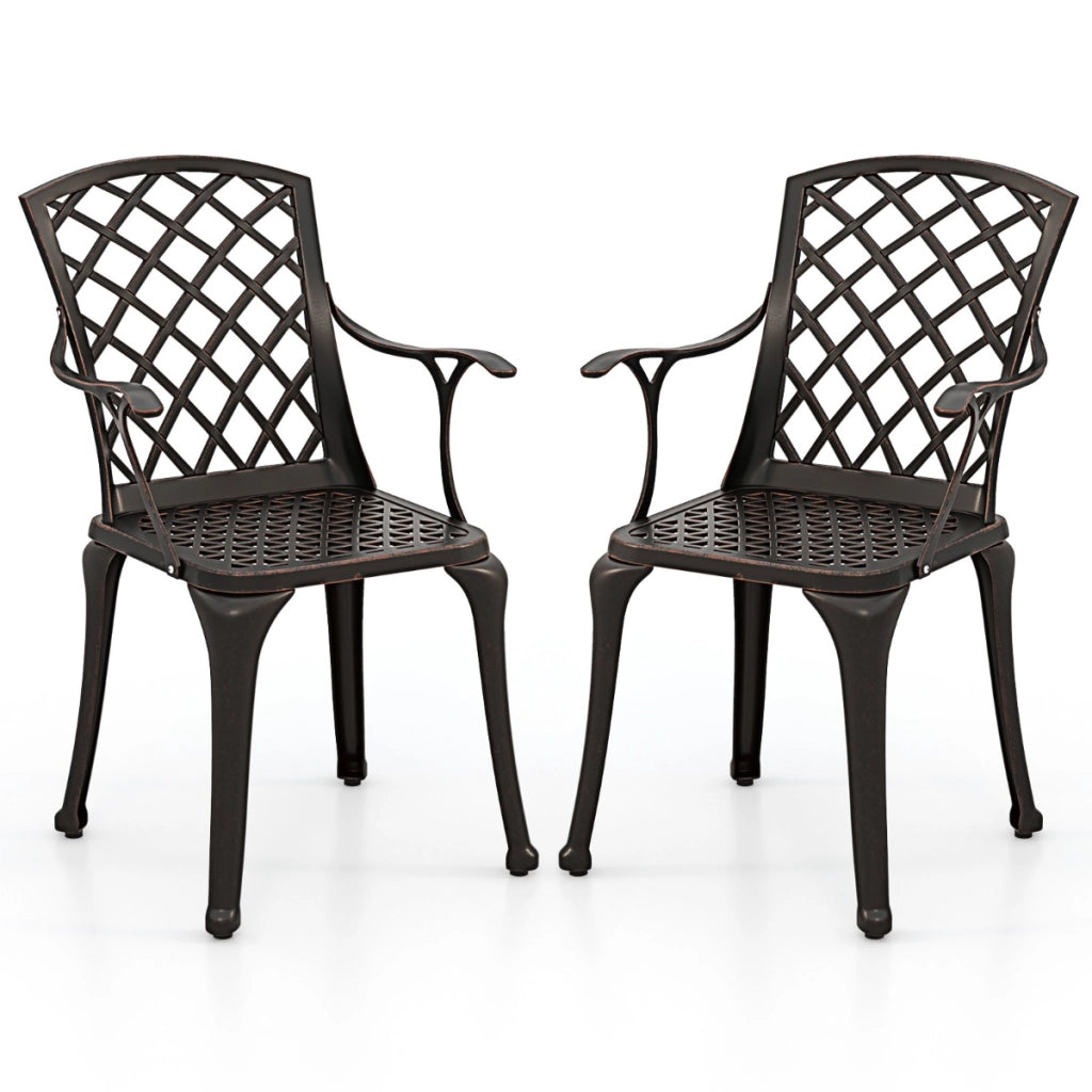 Set di 2 sedie da pranzo in alluminio pressofuso, Sedie da esterno con sedile curvo ergonomico e piedini regolabili Bronzo-Poltrone e sdraio
