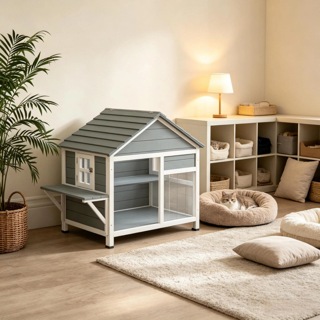 Casetta per gatti da esterno, mobile resistente alle intemperie per giardino con tetto, porta panoramica a lamelle apribile e piattaforma di riposo