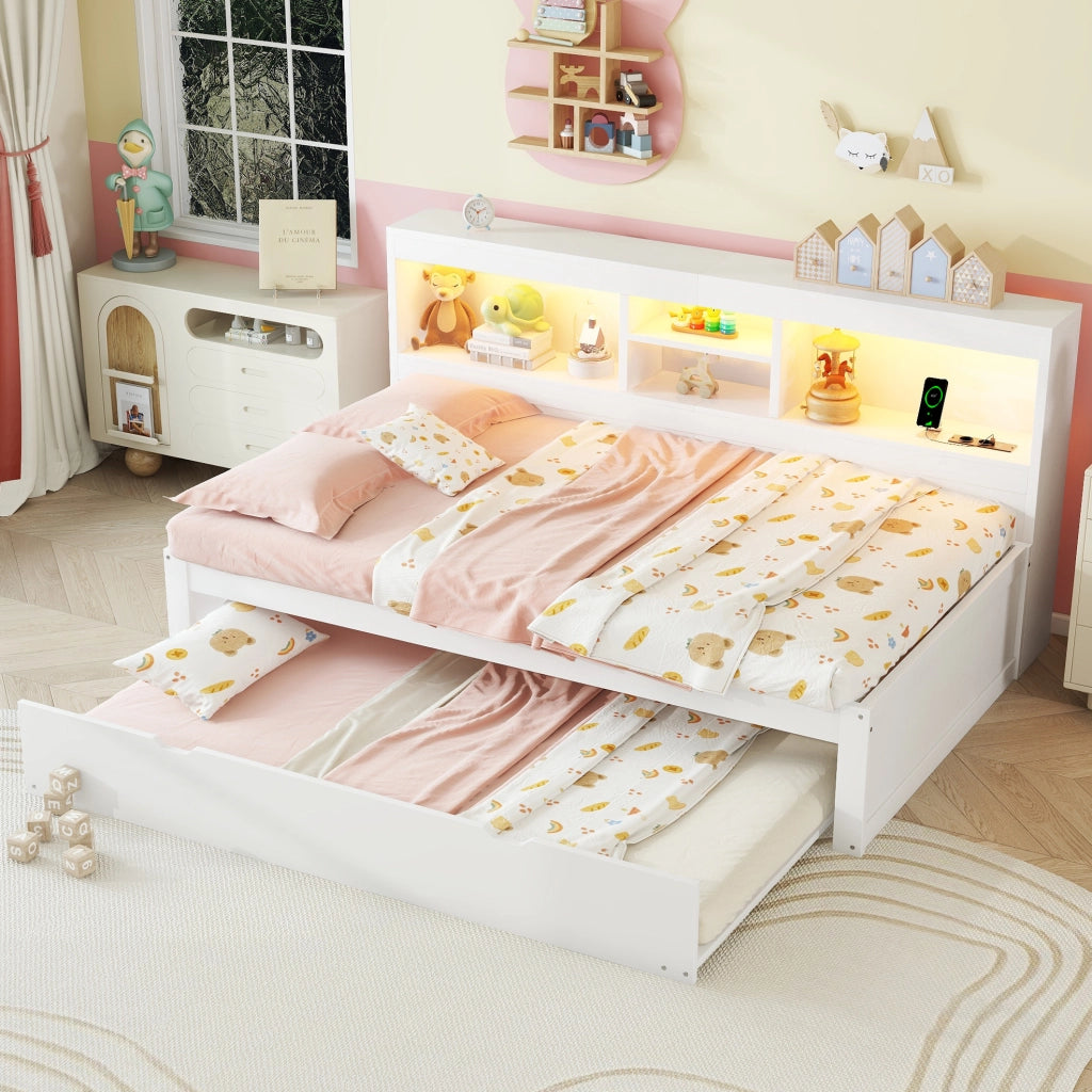 Letto giorno 90x200 cm con letto estraibile; luci LED; presa e USB; bianco