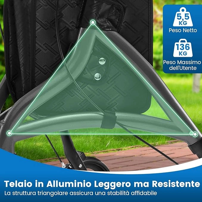 Deambulatore per Anziani in Alluminio Ultraleggero a 3 Ruote, Rollator per Anziani Pieghevole e Regolabile in 6 Livelli 86-96 cm con Borsa e Ruote Bloccabili, Portata 136 kg (Grigio)