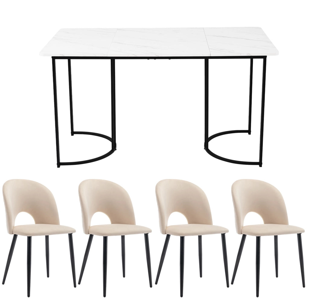 Set tavolo da pranzo 140x80 cm con 4 sedie in velluto beige
