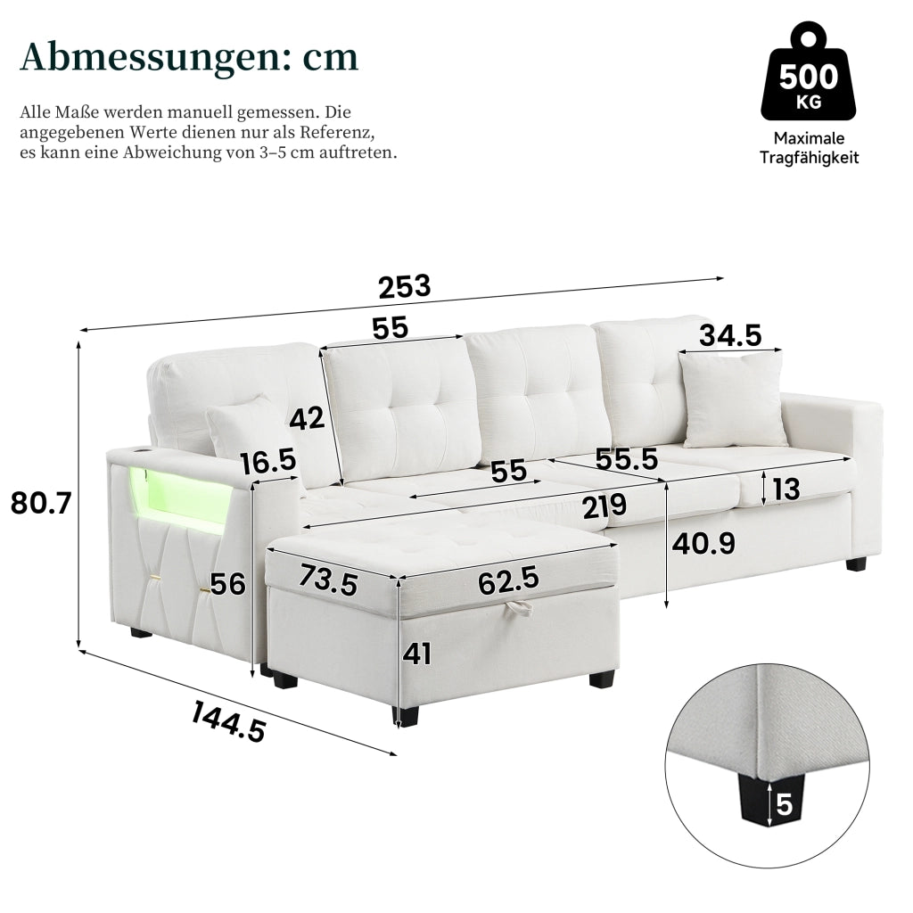 DIVANO angolare modulare 253 cm beige con pouf contenitore e USB Type-C