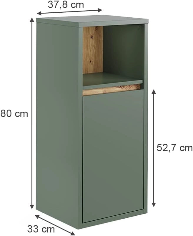 Mobiletto midi Viola, Verde/Artigianale, 33 x 80 cm con porta e ripiano aperto, per montaggio a parete con vani a giorno e vani chiusi