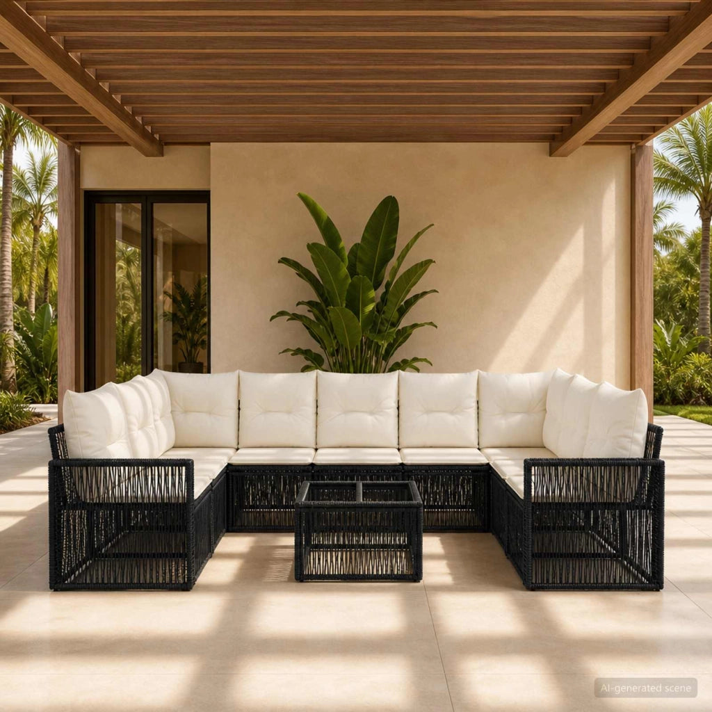 Set Divano da Giardino 10 pz Nero e Bianco Crema polyrattan 3435229