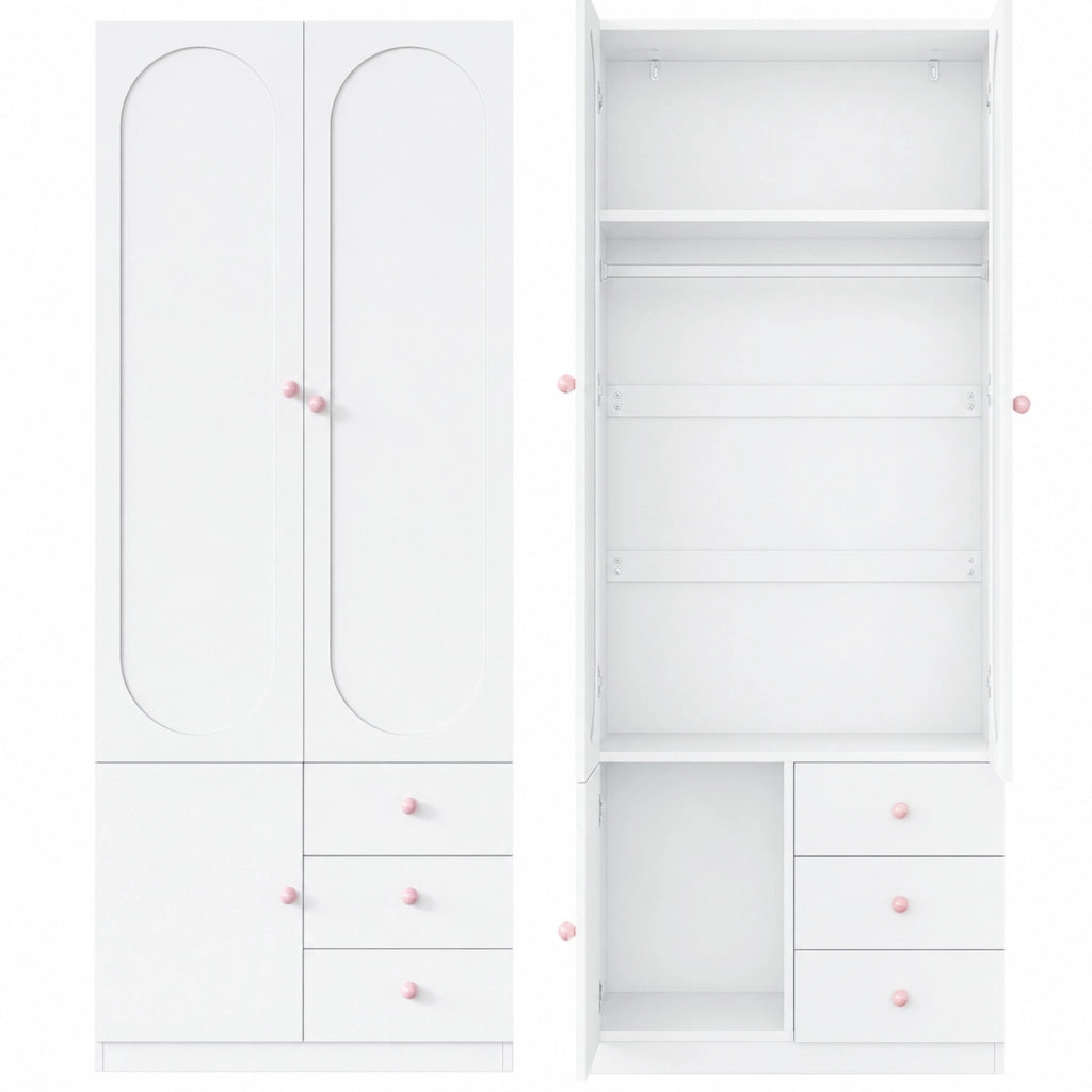 Armadio a due ante con 3 cassetti e asta appendiabiti in MDF bianco 80 × 50 × 200 cm