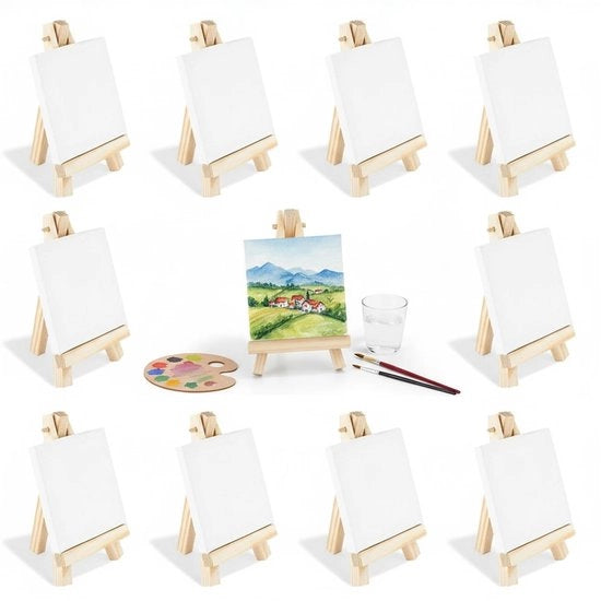 Set di pittura creativa per bambini, 12 x cavalletti miniaturizzati in legno naturale, 7 x 12,5 cm, pieghevoli, con 8 x 8 cm tela da dipingere, set di pittura manuale per esposizione d'arte e attività di fai da te