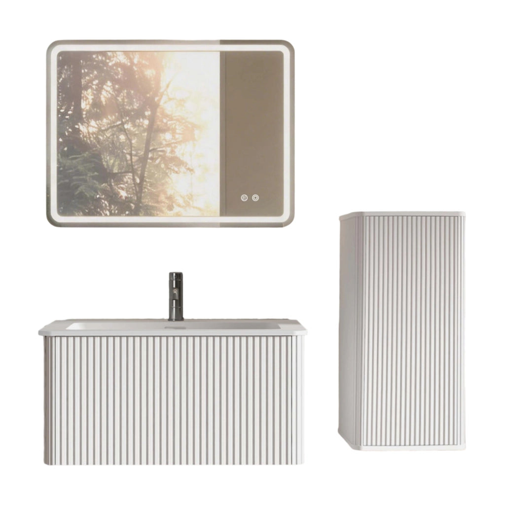 Armadietto da bagno sospeso con lavabo, specchio LED e mobile laterale, per bagno moderno, bianco