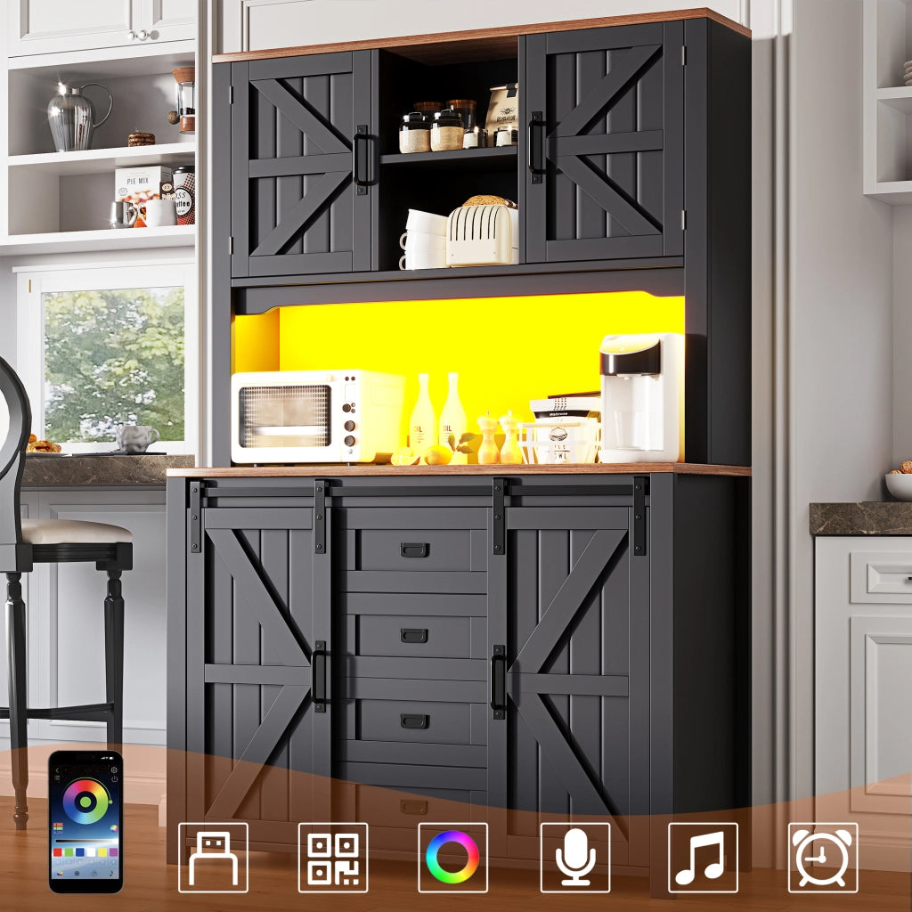 Credenza Cucina Alta con Ante Scorrevoli; 2 Cassetti; Ripiani Regolabili e LED per Cucina; in MDF e Metallo; 115x40x174;7 cm; Nero