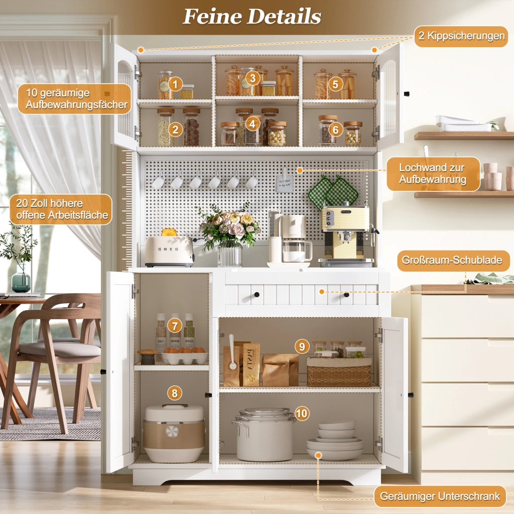 Credenza alta con vetrina e ripiani regolabili per cucina in truciolare bianco 103,5 × 40 × 180 cm