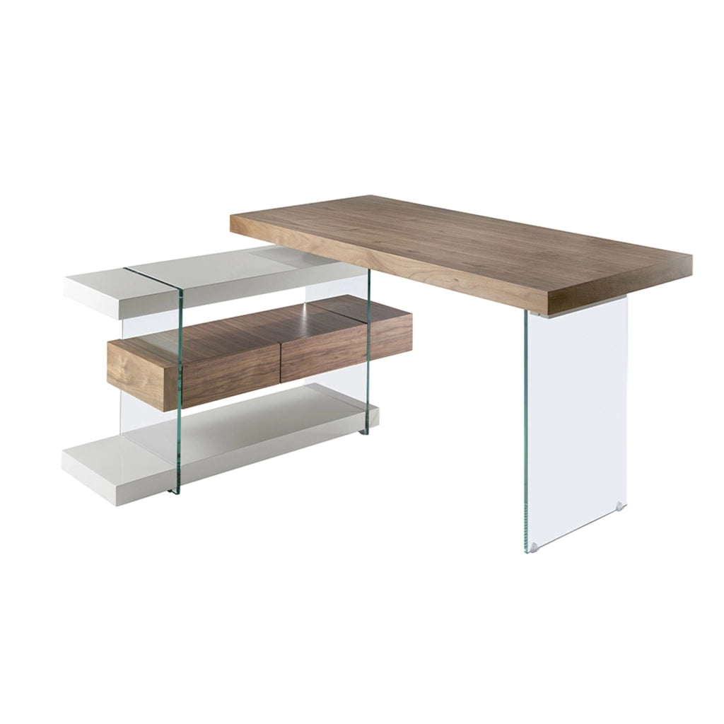 Scrivania in legno grigio e vetro temperato con piano in noce
