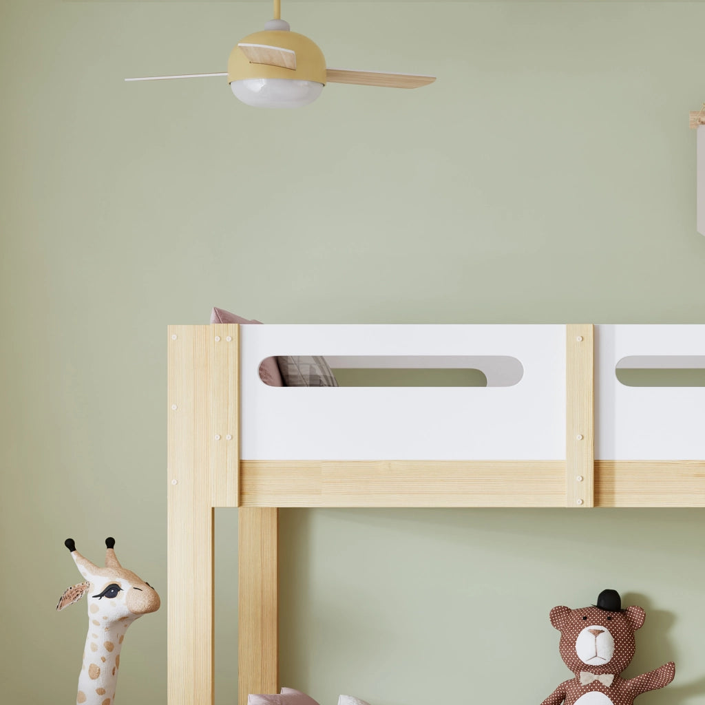 DESMIU Letto a castello per bambini 90 × 200 cm con scaffale, sponda di sicurezza e scala a 3 gradini, senza materasso, bianco naturale