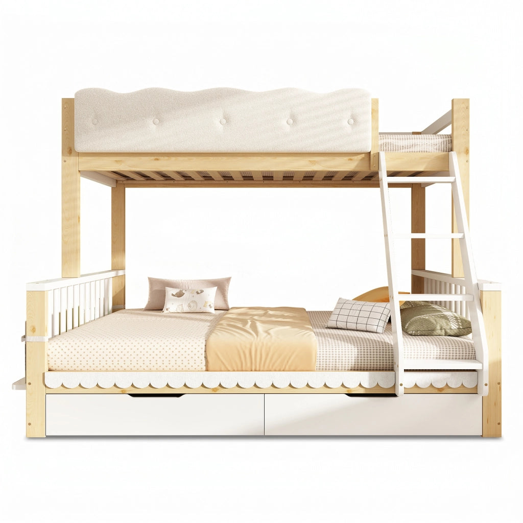 Letto a castello 90×200 cm e 140×200 cm con scala; cassetti e portariviste; senza materasso; legno; bianco e rovere