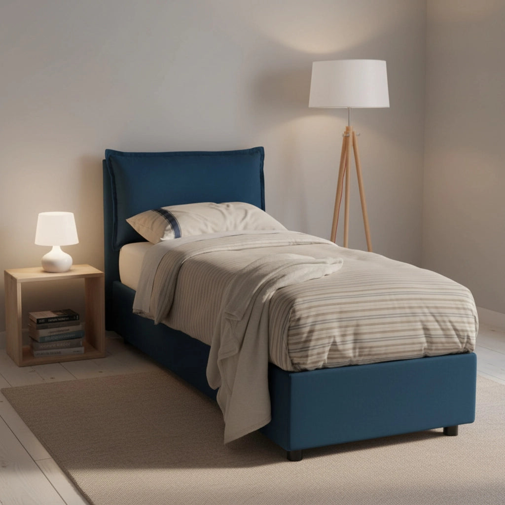 Letto singolo Abroghat, Letto contenitore con rivestimento in tessuto, Made in Italy, Apertura frontale, adatto per materasso cm 90x200, Blu