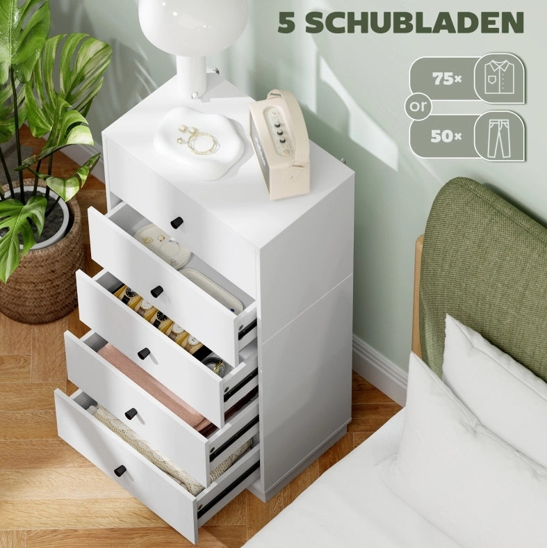 Commode 5 Tiroirs Blanc 47x29x95 cm - Meuble Rangement Salon Chambre Polyvalent