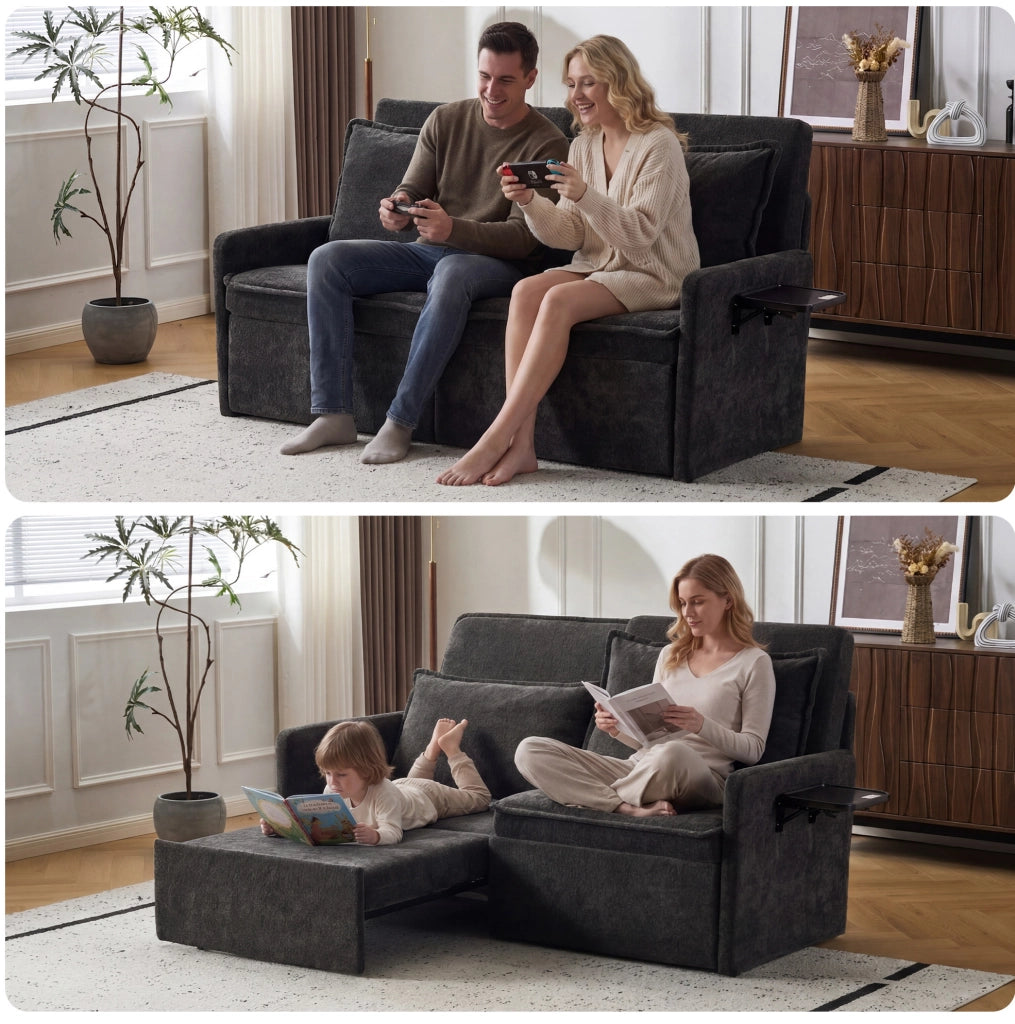 Divano letto 3 in 1 172，5x71x95 cm in ciniglia nera con USB