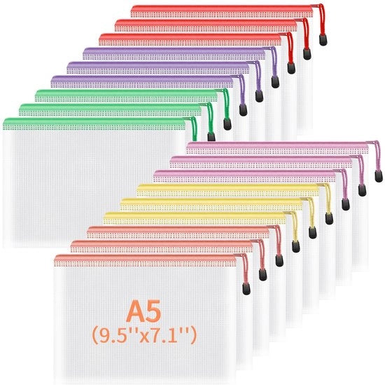 Documenti A5, 18-unità cartellino documenti con chiusura, contenitore per documenti, cartelle e accessori di viaggio in plastica netto (6 colori)