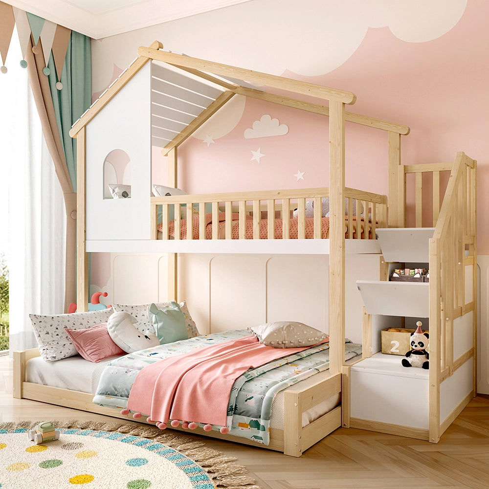 Letto a castello 90+140x200cm - Xylo - naturale/bianco, scala-ripiano, finestra
