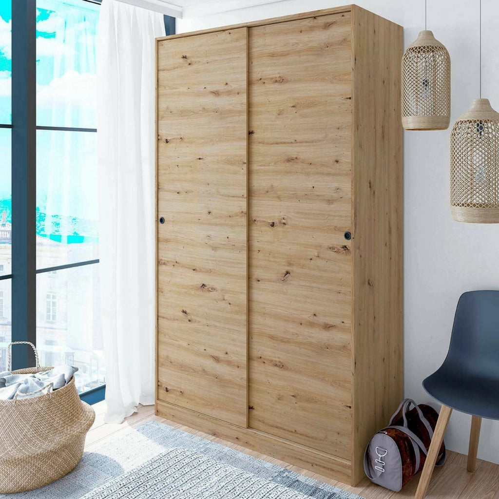 Guardaroba Adrenalin, Armadio per camera da letto a 2 ante scorrevoli, Mobile con 4 ripiani e barra appendiabiti, 120x50h200 cm, Rovere Nodi