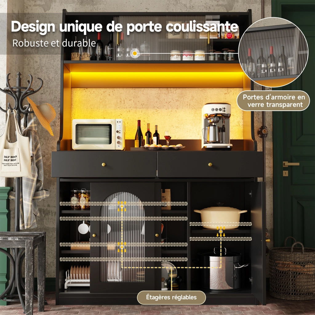 Credenza Alta da Cucina con 2 Cassetti e Ripiani Regolabili con LED per Cucina in MDF e Pannelli di Particelle Nero 120x40x180 cm