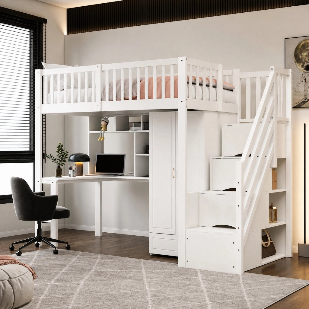 Letto a soppalco 90x200 cm in legno massello bianco con armadio; tavolo e scala contenitore