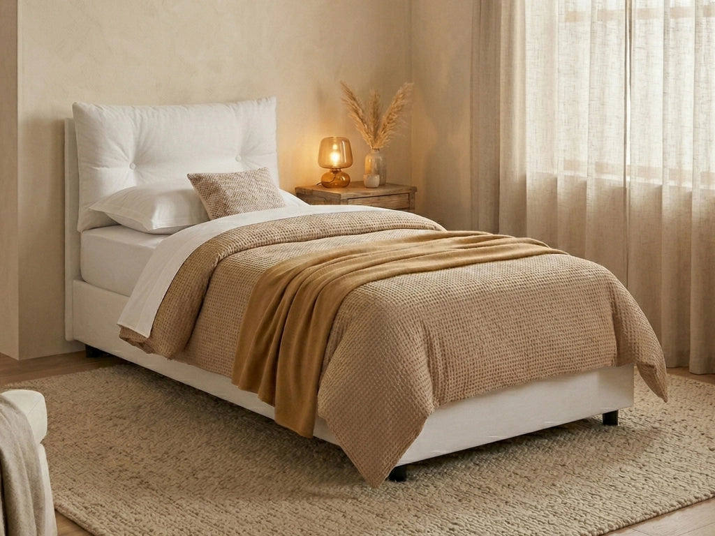 Letto singolo Sabazia, Letto contenitore con rivestimento in tessuto, Made in Italy, Apertura frontale, con materasso cm 80x190 incluso, Bianco