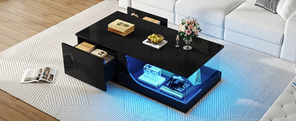 Tavolino da salotto nero lucido con LED e 2 cassetti 100x50x30 cm