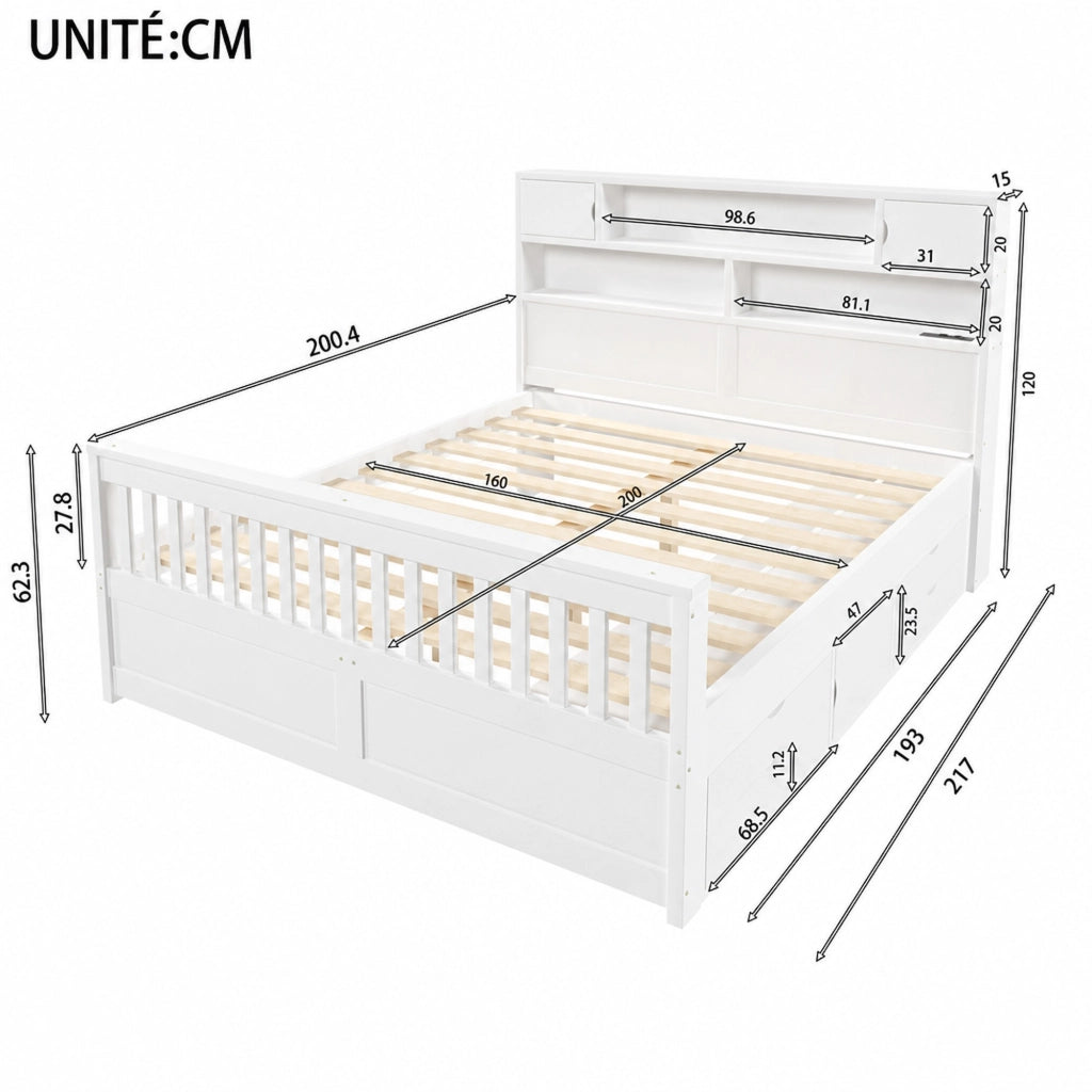 Letto contenitore 160 × 200 cm con 4 cassetti, scaffali e LED, senza materasso, in MDF e compensato, bianco