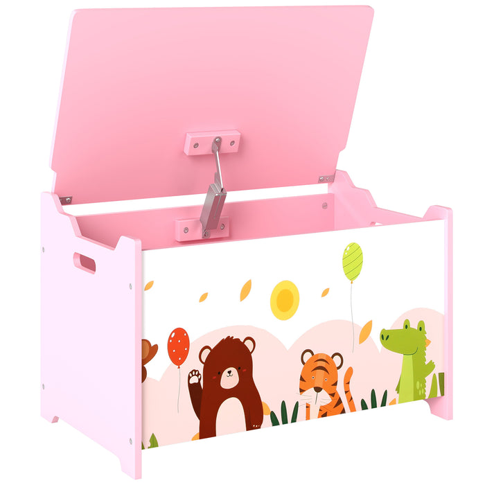 Baule Portagiochi per Bambini Tema Animali 60x37x39 cm con Cerniere di Sicurezza in Legno Rosa