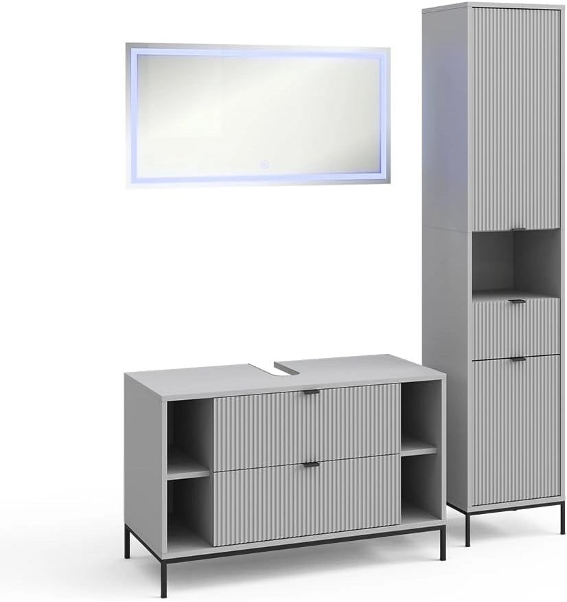 Set di mobili da bagno Eliza, Grigio, 100 cm, composto da mobile sottolavabo, specchiera e colonna alta