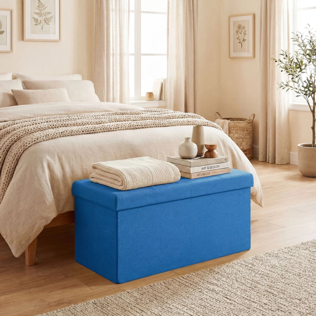 Pouf con contenitore ¨C zephmum ¨C blu, lino sintetico, 76x38x38 cm